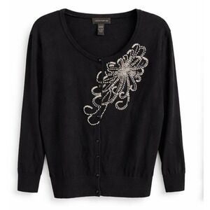 Cable & Gauge Women Black Beaded Floral Faux Pearl Cardigan Sweater Large